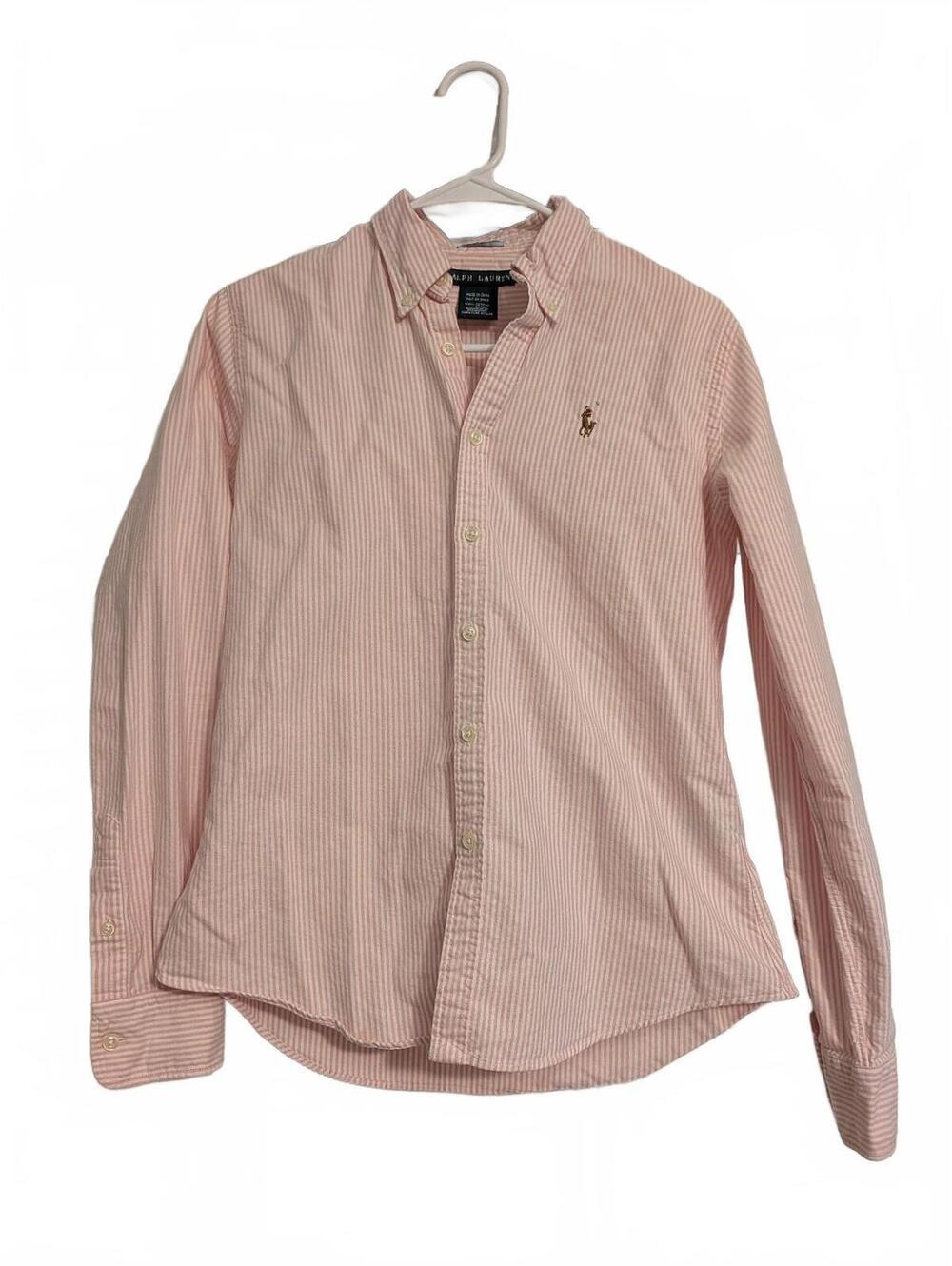 Ralph Lauren Women's 8 Slim Fit Coral and White Striped Button-Down Shirt Preppy